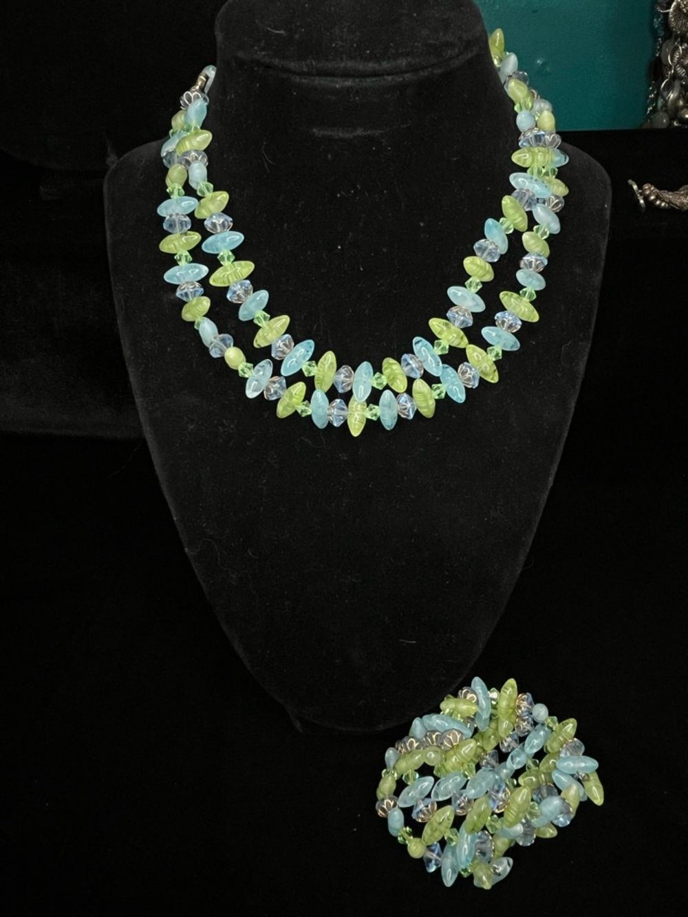 1699 Laguna Blue + Green Uranium Glass Bead Necklace & Bracelet Set